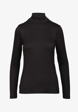 Maglia nera a maniche lunghe con collo alto realizzata in tessuto liscio e elasticizzato. Presenta un design aderente e un colletto alto. Senza fantasie né decorazioni.