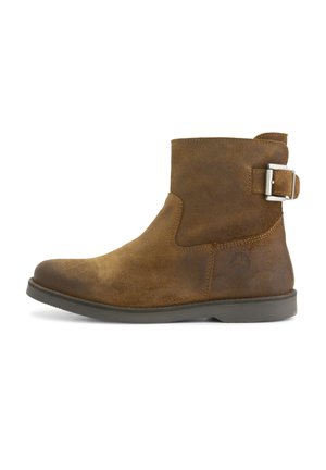 Brown suede ankle boot with a rounded toe, side strap and buckle detail, low rubber sole, and stitched accents on the side.