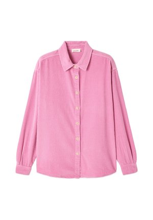 Rozkleurige corduroy shirt met een knoopsluiting aan de voorkant, spitse kraag, lange mouwen en ribbelstructuur. De knopen zijn licht van kleur.