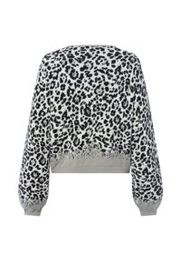 Cropped sweater with long sleeves, featuring a black and white leopard print. Soft texture with a solid grey hem and cuffs.