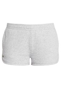 Grå bomullsshorts med en mjuk textur, elastisk midja och en liten grön logotyp på den nedre vänstra sidan.