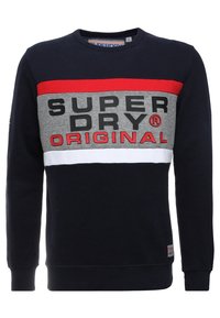 Felpa navy con strisce orizzontali rosse, grigie e bianche, che presenta il testo "SUPER DRY ORIGINAL" in nero e rosso sulla parte anteriore.