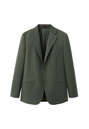 Blazer verde scuro in tessuto liscio. Presenta un rever a incavo, una chiusura con un bottone, due tasche frontali e una tasca sul petto.