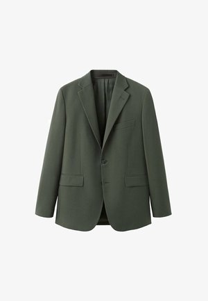 Blazer verde scuro in tessuto liscio. Presenta un rever a incavo, una chiusura con un bottone, due tasche frontali e una tasca sul petto.