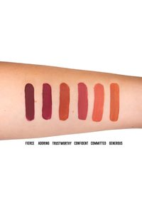Six échantillons de rouge à lèvres mat sur un bras de teinte peau, variant du prune foncé à l'orange chaud, étiquetés avec des noms de couleurs descriptifs en dessous.