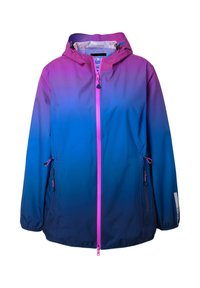 Veste imperméable dégradée du violet au bleu avec capuche ajustable, fermeture éclair avant et accents roses. Comprend des poches latérales et des manches à poignets élastiqués.