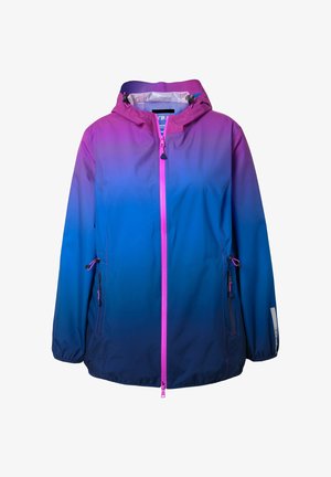 Wodoodporna kurtka z gradientem od fioletowego do niebieskiego, z regulowanym kapturem, przednim zamkiem błyskawicznym i różowymi akcentami. Posiada boczne kieszenie i elastyczne mankiety.