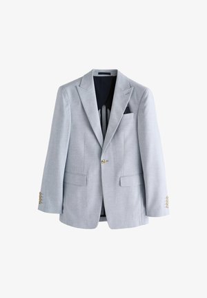 Lichtgrijze blazer met een gestructureerd ontwerp, notch revers, twee voorzakken en een blauwe pochet. Bevat gouden knopen op de mouwen.