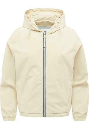 Jasny beżowy kurtka z kapturem, z przednim zamkiem błyskawicznym, elastycznymi mankietami, sznureczkami przy kapturze oraz bocznymi kieszeniami, prezentowana na białym tle.