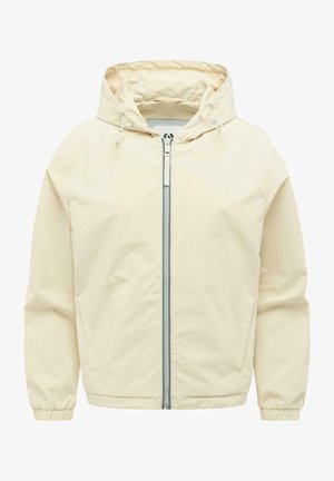 Lysebeige hættejakke med frontlynlås, elastiske manchetter, snore i hætten og sidelommer, vist på en hvid baggrund.