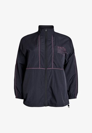 Black zip-up jacket with pink piping, high collar, elastic cuffs, and small pink text on the upper left chest and sleeves.