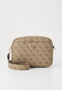 Beige synthetic crossbody bag featuring a textured geometric pattern, gold-tone hardware, and a detachable strap for versatile wear.