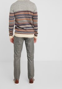 Maglione lavorato a maglia grigio con strisce decorative nei colori marrone, blu e ruggine. Abbinato a pantaloni a quadri grigi slim-fit e sneakers marroni.