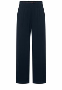 Svarta, vida byxor i mjukt tyg med elastisk midja. Har en slät yta och inga synliga dekorationer.