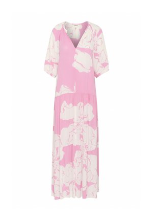 Růžové a bílé květinové šaty s výstřihem do V, krátkými nafouknutými rukávy a nařaseným pasem. Vyrobeno z lehkého materiálu s volným siluetou.