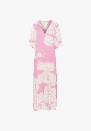 Rosa und weiße Blumenkleid mit V-Ausschnitt, kurzen Puffärmeln und gerafftem Taillenbund. Hergestellt aus leichtem Stoff mit fließender Silhouette.