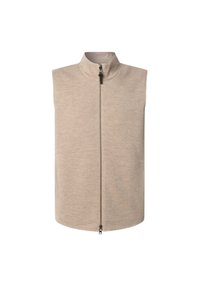 Gilet senza maniche beige realizzato in tessuto morbido, con colletto alto, chiusura frontale con zip e una superficie liscia. Design semplice, senza motivi.