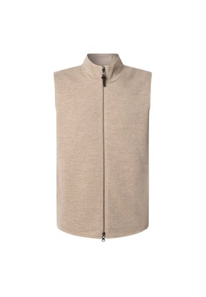Gilet senza maniche beige realizzato in tessuto morbido, con colletto alto, chiusura frontale con zip e una superficie liscia. Design semplice, senza motivi.