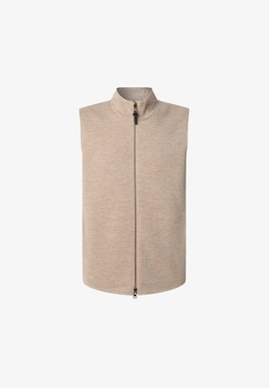 Bež prsluk bez rukava izrađen od mekog materijala, s visokim ovratnikom, prednjim zatvaračem i glatkom teksturom. Jednostavan dizajn, bez uzoraka.