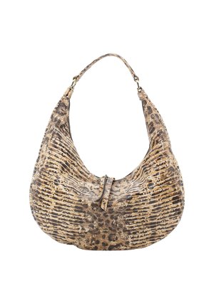 Hobo bag in textured brown leather with a leopard print pattern. Features a curved shape and a single adjustable shoulder strap.