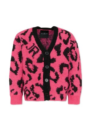 Cardigan rosa con motivo a stampa leopardata nera, chiusura a bottoni e rifiniture nere attorno al colletto e al davanti. Texture in misto lana.