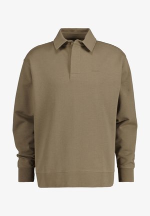 Beige polo shirt met lange mouwen, van een katoenmix, met een kraag, knopenrij en ribgebreide manchetten. Eenvoudig ontwerp met minimale stiksels.