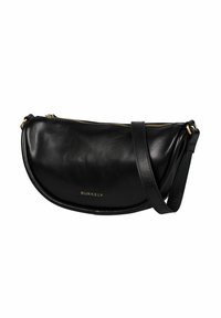 Borsa a tracolla a forma di mezza luna in pelle nera con zip dorata e logo "BURKELY" sul davanti, dotata di spallaccio regolabile.