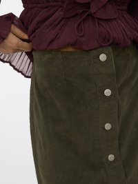 Oluva zaļa korduroja svārki ar vertikālām ribām, ar piecām sudraba pogām priekšpusē. Audumam ir mīksta, teksturēta virsma.