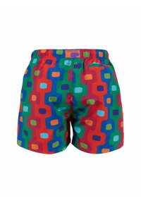 Costumi da bagno dai colori vivaci caratterizzati da un motivo geometrico di grandi quadrati in rosso, verde, blu e arancione, con una cintura elastica.