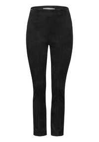Zwarte hoge taille legging van zacht, suede-achtig materiaal, met contrasterende naden en een gladde tailleband. Strakke pasvorm langs de benen.