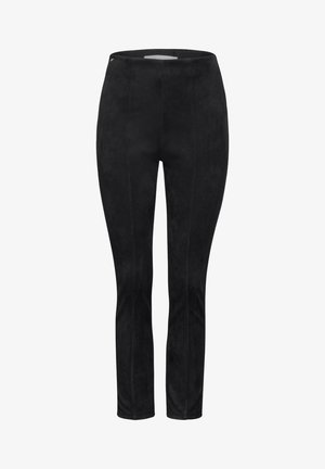 Schwarze high-waisted Leggings aus weichem, suedemartigem Stoff, mit kontrastierenden Nähten und einem glatten Bund. Enganliegendes Design entlang der Beine.