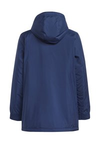 Donkerblauwe lichtgewicht jas met capuchon, elastische manchetten en een gladde textuur. De achterkant heeft een minimalistisch ontwerp zonder extra details.