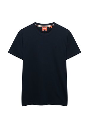 Schwarzes, kurzärmeliges T-Shirt mit Rundhalsausschnitt, dezentem Logo auf der Brust und orangefarbenem Etikett im Kragen.