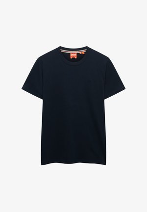 Effen zwart T-shirt met korte mouwen en ronde hals, voorzien van een subtiel logo op de borst en een oranje label aan de binnenkant van de kraag.