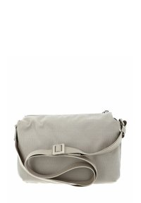 Beige Umhängetasche aus strukturiertem Stoff, mit Reißverschluss, verstellbarem Riemen und einer vorderen Schnallendetaillierung.