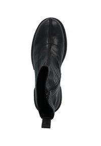 Czarne skórzane botki za kostkę z okrągłym noskiem, bocznym zamkiem błyskawicznym oraz gładką teksturą z subtelnymi detalami w stylu szycia.