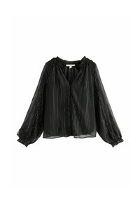 Blusa nera in tessuto trasparente, con righe verticali dorate, maniche a sbuffo e chiusura frontale con bottoni. Presenta un colletto arrotondato e polsini elasticizzati.