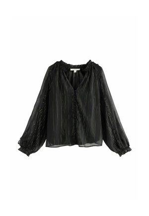 Fekete blúz áttetsző anyagból, függőleges aranycsíkokkal, puffos ujjal és gombos elejével. Kerek nyakkivágással és elasztikus mandzsettával rendelkezik.
