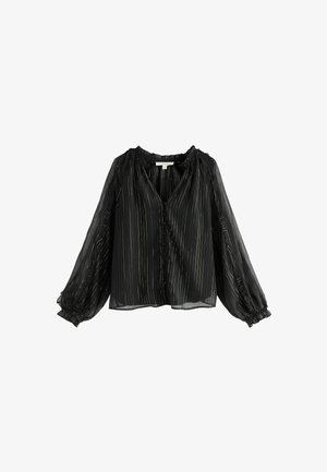 Fekete blúz áttetsző anyagból, függőleges aranycsíkokkal, puffos ujjal és gombos elejével. Kerek nyakkivágással és elasztikus mandzsettával rendelkezik.