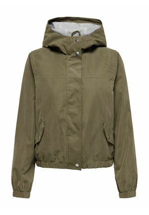 Oļveļļ zaļa kapucēta jaka ar elastīgām aprocēm un apakšu, priekšpusē ar aizskavām pogām un kabatām ar atloku un aizskavām.