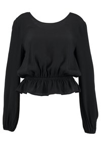 Black, long-sleeve blouse with a round neckline and gathered waist. Features a ruffled hem and smooth, flowing fabric texture.