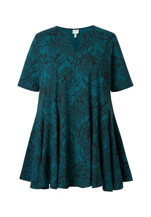 Tuurblauwe tuniek top met zwart abstract bloemenpatroon, korte mouwen, V-hals en uitlopende silhouet.