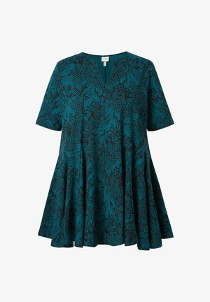 Tuurblauwe tuniek top met zwart abstract bloemenpatroon, korte mouwen, V-hals en uitlopende silhouet.