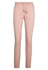Růžové slim-fit kalhoty s elastickým pasem a šňůrkami s kovovými konci, zobrazené zepředu na bílém pozadí.