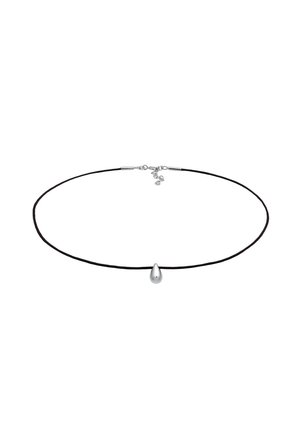 Sort snorhalskæde med en sølvdråbevedhæng. Designet er enkelt, med en sikker lås og justerbar længde.