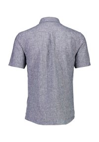Korte mouw shirt met een achterkantzicht, met een blauw-wit gestreept patroon, een kraagontwerp en een zachte, gestructureerde stof.
