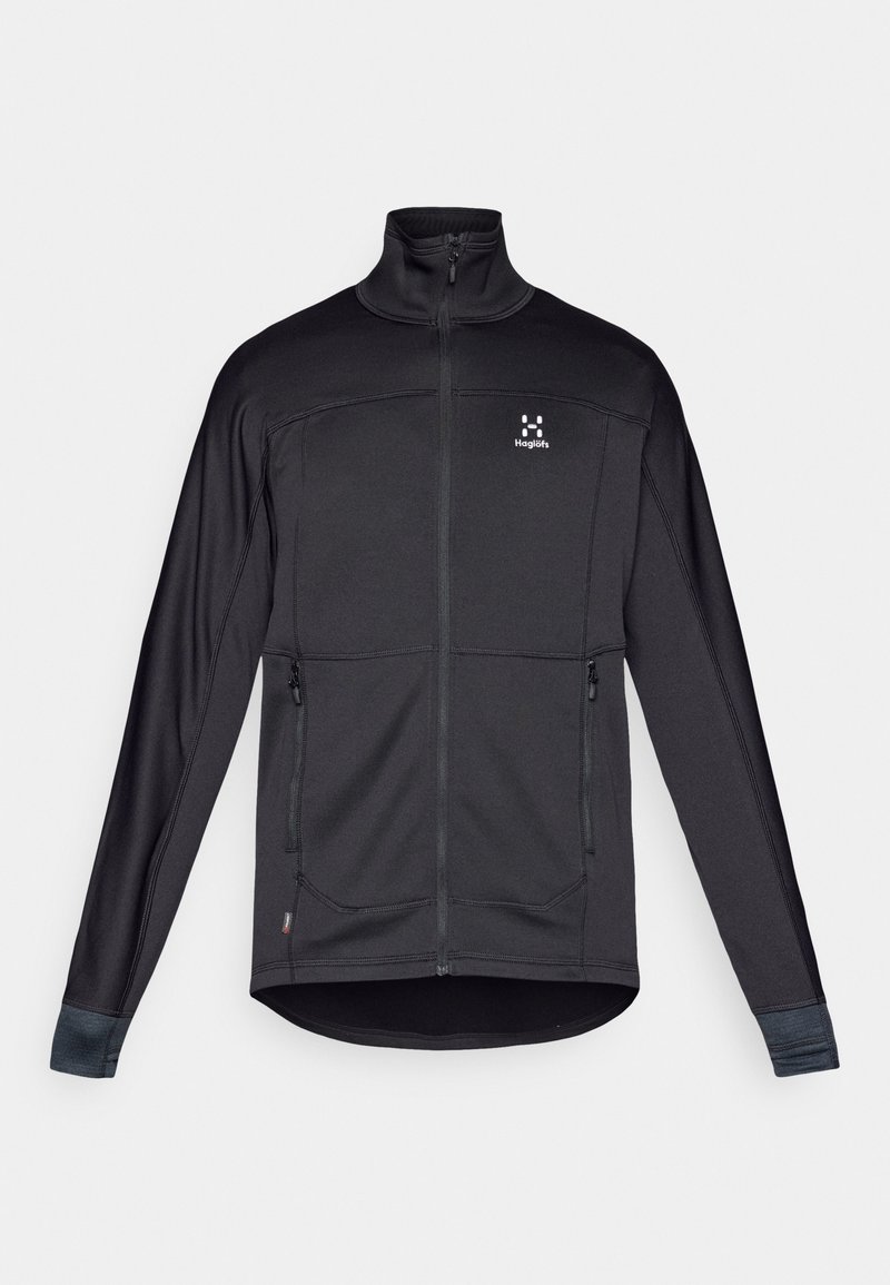 Giacca nera con zip realizzata in un tessuto elastico e testurizzato, con colletto alto, tasche laterali e logo in alto a sinistra.