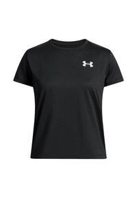 Czarny t-shirt z krótkim rękawem, wykonany z gładkiego, oddychającego materiału. Posiada białe logo na lewej piersi. Klasyczny dekolt w serek.