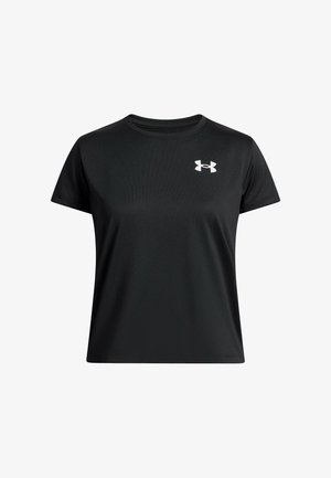 Čierne tričko s krátkym rukávom, vyrobené z hladkej, priedušnej tkaniny. Na ľavej strane hrude má biele logo. Klasický okrúhly výstrih.