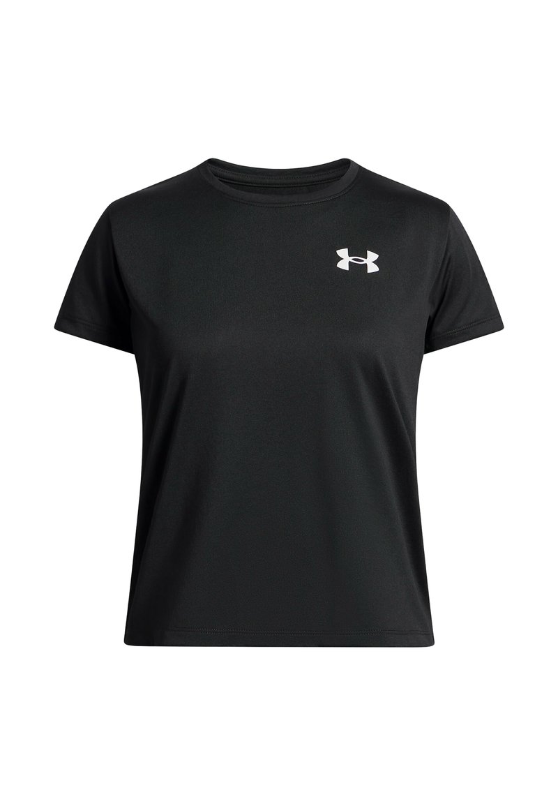 Czarny t-shirt z krótkim rękawem, wykonany z gładkiego, oddychającego materiału. Posiada białe logo na lewej piersi. Klasyczny dekolt w serek.